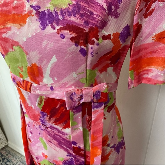 Vintage 60s 70s Pink Floral Empire Waist Maxi Dress Hostess 19.5” PTP, 15.5” W - Picture 4 of 16